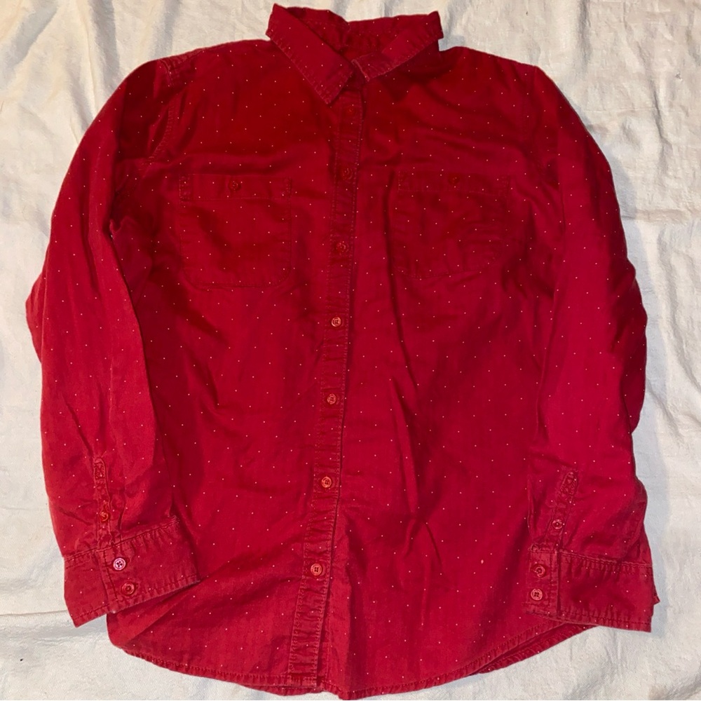 St John’s Bay Button Up Women’s Size XL Red A Tiny Polka Dot Print Has Flaw
